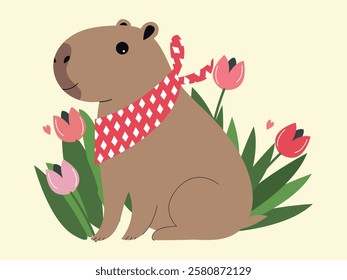  This seamless vector pattern features adorable capybaras holding tulips, creating a cute and playful design. The cheerful, natural elements and soft colors make it perfect for decorative backgrounds 