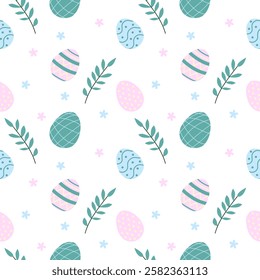 This seamless vector pattern features pastel Easter eggs, green leaves, and delicate flowers on a white background. Perfect for festive designs, textiles, packaging, and greeting cards.