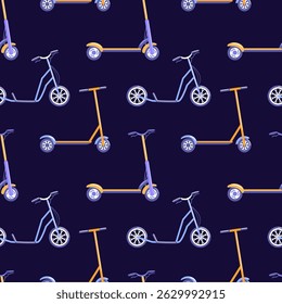 This seamless vector pattern features an array of scooters on a dark background, creating a dynamic and trendy design. The playful arrangement showcases various scooter styles, ideal for modern