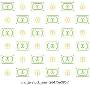 This seamless vector pattern features repeating flat-style illustrations of dollar bills and coins, creating a clean, financial-themed background. Available in EPS file format fully scalable