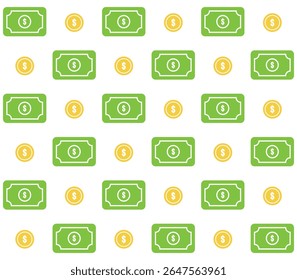 This seamless vector pattern features repeating flat-style illustrations of dollar bills and coins, creating a clean, financial-themed background. Available in EPS file format fully scalable