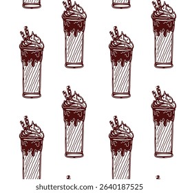 This seamless vector pattern showcases delicious chocolate shakes in tall glasses, adorned with whipped cream and chocolate syrup