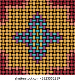 This seamless woven pattern blends Middle Eastern geometry  and Asian ornamental craft, featuring interlaced bands in gold, purple, teal and red arranged in a symmetrical grid. The central cross‑like motif reflects the balance and rhythm typical of oriental decorative traditions found in Persian textiles, Turkish kilims and Central Asian woven art. The rich color palette and handcrafted woven texture create depth and cultural authenticity, making the design suitable for décor, packaging, textile prints, branding and digital artwork. The editable background is placed on a separate layer, allowing recoloring, removal or full customization for creative projects. This pattern fits perfectly within Middle Eastern, Asian and pan‑oriental craft themes.