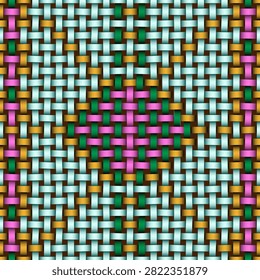   This seamless woven pattern is designed to match the most common buyer searches such as  woven geometric pattern ,  ethnic seamless pattern  and  tribal geometric background . The design features a colorful diamond‑shaped motif in pink and green set within a turquoise and gold woven grid, creating a vibrant ethnic textile look. The interlaced structure adds depth and authenticity, echoing Latin American and South American folk weaving traditions. The editable background is placed on a separate layer, allowing full customization, recoloring or removal for creative projects. This pattern is ideal for textile prints, packaging, branding, craft materials, digital artwork and ethnic decorative themes.