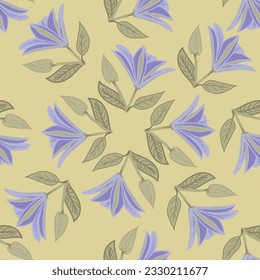 This is a semi geometric seamless repeat pattern design that shows off a partially opened purple Clematis Ramona blossom on a yellow background.