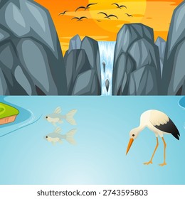 This is a serene cartoon landscape featuring a stork standing in shallow water with fish swimming nearby, set against a backdrop of rocky cliffs and a vibrant sunset with birds flying overhead. The image showcases a peaceful and natural environment, perfect for illustrating themes of nature, wildlife, and serenity.
