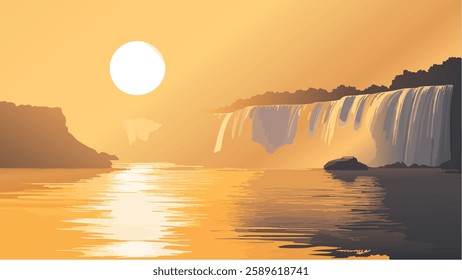 This serene illustration captures the breathtaking beauty of Niagara Falls at sunrise. As the sun rises above the horizon, the golden and purple hues bathe the falls in a warm, tranquil glow.