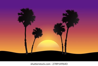 This serene image captures a stunning tropical sunset. The bright evening sunlight casts hues of yellow and orange as it disappears over the horizon, creating a warm and peaceful atmosphere.