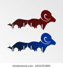 This serene visual features the elegant silhouette of a sheep standing upright, serving as a pure representation of the noble sacrificial animal. Behind it, the majestic silhouette of a mosque's dome
