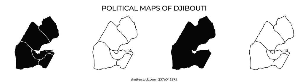 This series displays political maps of Djibouti showcasing different styles and contrasts. Each map highlights outlines and boundaries of regions in various shades.