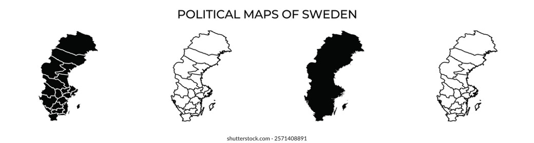 This series illustrates political maps of Sweden, highlighting changes in regions. Each step shows the evolution from a fully shaded map to one with detailed outlines.