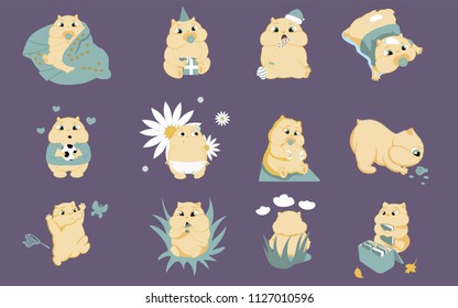 This is a set of 12 cute baby hamsters suitable for stickers and calendars