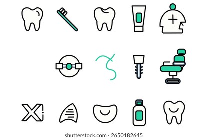 Este conjunto de 12 ícones simples, em estilo de linha, retrata vários itens de cuidados dentários.