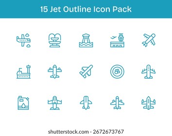 Este conjunto de 15 iconos de contorno captura temas Jet, perfecto para aplicaciones tecnológicas y empresariales.