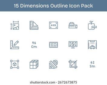 Este conjunto de 15 iconos de contorno captura temas de dimensiones, perfecto para aplicaciones tecnológicas y empresariales.