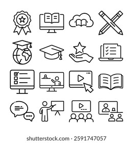  This set of 16 line art icons depicts various aspects of online education and learning.