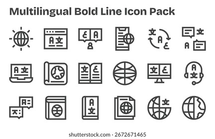 This set of 18 Bold Line icons captures Multilingual themes, perfect for tech and business applications.