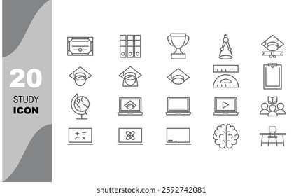 This set of 20 outline icons features a variety of educational elements, from school buildings and students to classroom tools like projectors and whiteboards.