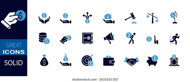 This is a set of 20 solid-style financial icons, designed with a modern and minimalistic aesthetic. The set includes concepts such as saving, investing, payment, banking, law, financial growth.