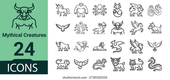 This set of 24 icons showcases a variety of mythical creatures in a clean line art style, including dragons, unicorns, and other legendary animals, all in black lines on a white background.