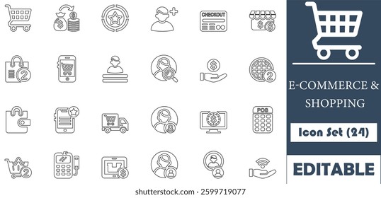 This set of 24 premium icons represents e-commerce and shopping concepts. Perfect for websites, apps, and business use, featuring a clean, modern, and professional design.