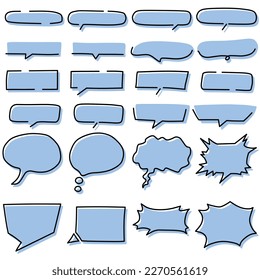 This is a set of 24 simple callouts in a hand-drawn style. I placed them with a shifting blue background color. In addition to simple speech bubbles, I created some with a few quirks, such as those wi
