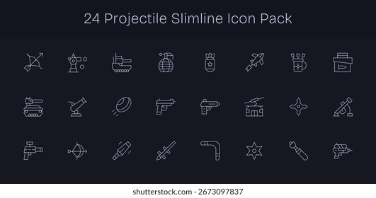 Este conjunto de 24 iconos de Slim Line captura temas de proyectiles, perfectos para aplicaciones tecnológicas y empresariales.