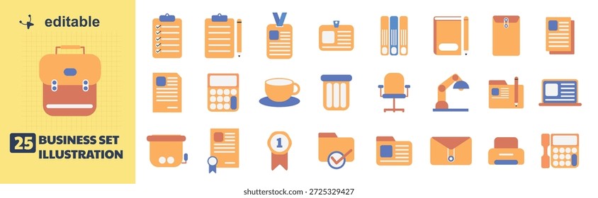 Este conjunto de 25 ilustraciones de negocios editables incluye una variedad de iconos de oficina y productividad, como un maletín, documentos, calendario, taza de café, computadora, teléfono y más. Los iconos están diseñados para ser modernos, profesionales y visualmente atractivos, lo que los hace perfectos para su uso en presentaciones, informes y materiales de marketing.