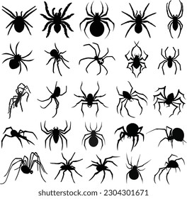 This set of 25 spider stock vector silhouettes is perfect for Halloween design projects. 