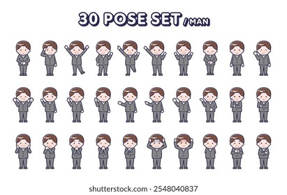 This is a set of 30 poses_an illustration of a man in a suit.