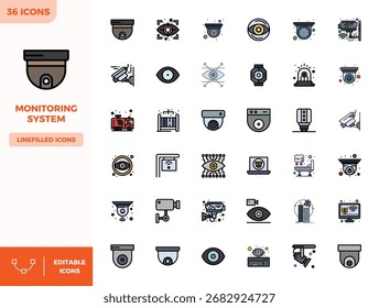 Este conjunto de 36 iconos vectoriales de color lineal plano captura temas del sistema de monitoreo en 128x128 píxeles de calidad perfecta, perfecta para aplicaciones tecnológicas y comerciales.