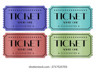 Dieses Set von 4 farbigen Tickets mit Metallic-Texturen ist ein stilvolles Designerprodukt mit Metallic-Effekt, das Tiefe, Glanz und ein Premium-Gefühl für die Oberfläche verleiht. Jedes Ticket ist in einem einzigartigen Farbschema gestaltet und ähnelt optisch gebürstetem oder poliertem Metall. Dieses Set kombiniert die Ästhetik des modernen Designs mit einer unverwechselbaren Textur, die Aufmerksamkeit auf sich zieht und den Status einer Veranstaltung oder eines Projekts betont.