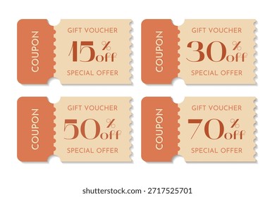 Este conjunto de 4 cupons de presente de desconto apresenta um esquema de cor laranja vibrante e um design moderno. Adequados para lojas, salões, cafés e serviços on-line, esses cupons são usados para promoções, bônus, aquisição de clientes, incentivos de compra repetida e aumento de vendas.