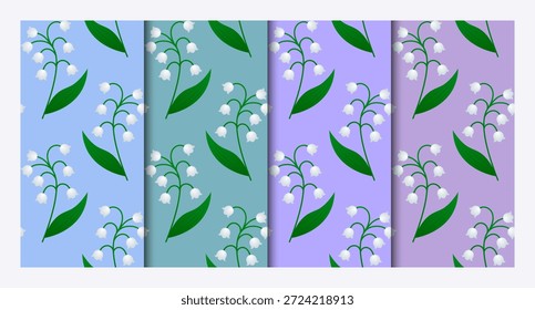 Este conjunto de 4 patrones de lirio del valle es una delicada colección de patrones sin costuras con elegantes flores blancas, subgrupos delgados y hojas delicadas. Ideal para textiles, Fondo de pantalla, embalaje, papelería, estampados de bodas y vacaciones, scrapbooking, branding, fondos digitales y diseño de interiores, donde se desea una sensación de frescura natural, romance y verano.