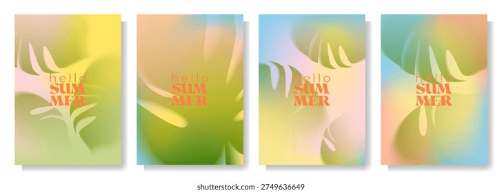 This set of 4 vibrant gradient summer backgrounds with tropical monstera leaves features stylish graphics with smooth color transitions and a fresh tropical feel. Perfect for social media, banners, stories, advertising, packaging, posters, presentations, websites, mobile apps, blogs, and summer marketing campaigns, creating an atmosphere of vacation, sun, and exoticism, drawing attention to any visual project.