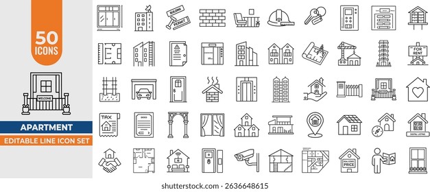 Este conjunto de 50 ícones de linha preta e branca retrata vários aspectos da vida, construção e propriedade do apartamento.
