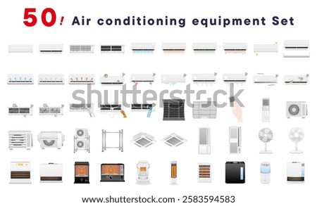This is a set of 50 illustrations of air conditioning appliances, including air conditioners, outdoor units, fans, air purifiers, and stoves.