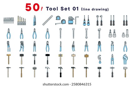 This is a set of 50 line drawing illustrations of tools.