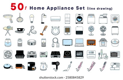 This is a set of 50 line illustrations of household appliances.