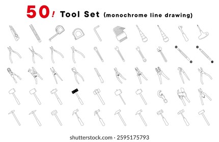 This is a set of 50 monochrome line drawings of tools.