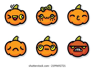 This is a set of 6 vector format kawaii handdrawn pumpkin icons. Perfect for halloween decor, textile, cards, chart emoji, stickers, and more. BONUS: Includes colorized, shadowed and linear versions