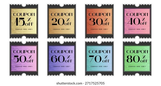 Dieses Set von 8 farbigen Metallic-Textur-Coupons ist ein stilvolles Designerprodukt mit einem Metallic-Effekt, die Tiefe, Glanz und ein Premium-Gefühl auf der Oberfläche. Jeder Coupon ist in einem einzigartigen Farbschema gestaltet und ähnelt optisch gebürstetem oder poliertem Metall. Dieses Set kombiniert die Ästhetik des modernen Designs mit einer unverwechselbaren Textur, die Aufmerksamkeit auf sich zieht und den Status einer Veranstaltung oder eines Projekts betont.