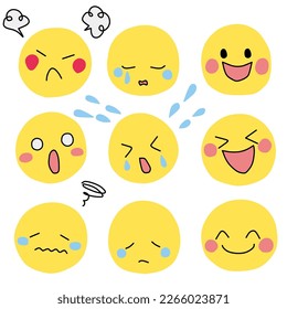 This is a set of 9 color illustrations of various facial expressions in icon style. The set includes happy, sad, angry, surprised, and distressed expressions.