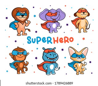 This is a set of Animals who are Super Heroes. Six Jungle cartoon characters with masks and cloaks. Can be used for t-shirt design, kid prints etc. Vector illustration with lettering phrase.