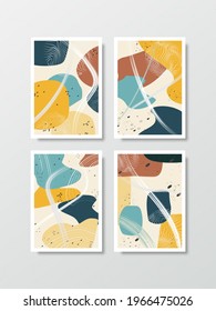 This set of artistic abstract backgrounds featuring wavy shapes, the same color scheme, and brushes and lines elements. Each image is A4 size.