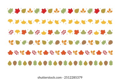 This is a set of autumn concept fallen leaves illustration borders. A pattern combining various colorful leaf-shaped icons such as fallen leaves, ginkgo leaves, and maple leaves.