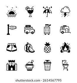 This set of b icons depicts various summer vacation activities and objects.