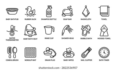 This set of baby bath items includes baby bathtub, rubber duck, shampoo bottle, soap bar, washcloth, towel, water thermometer, baby bath seat, rinse cup, shower head, bubble bath, hooded towel, comb and brush, nonslip mat, drain plug, baby wipes, nail clipper, and bath timer.