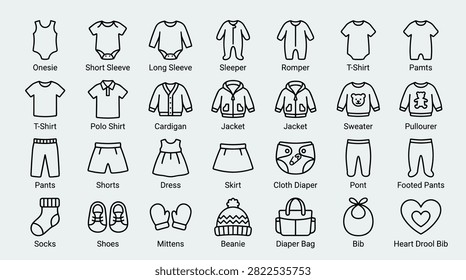 This set of baby clothes and accessories includes onesie, short sleeve, long sleeve, sleeper, romper, t-shirt, pants, polo shirt, cardigan, jacket, sweater, pullover, dress, skirt, cloth diaper, pont, footed pants, socks, shoes, mittens, beanie, diaper bag, bib, and heart drool bib.