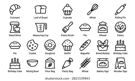 This set of bakery goods and kitchen tools includes croissant, loaf of bread, cupcake, whisk, rolling pin, stand mixer, measuring cup, pastry brush, pie, wheat, pastry, cookie, doughnut, muffin, baguette, bread basket, birthday cake, mixing bowl, flour bag, pastry bag, wheat, bakery sign, and wooden sign.